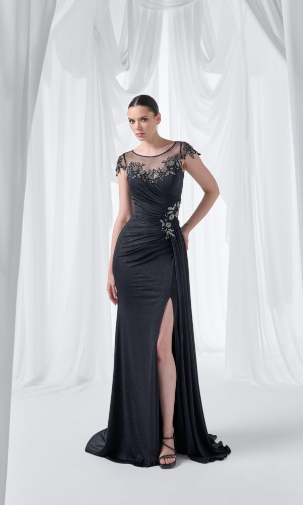 Robe de soirée 4010 en anthracite, bordeaux, bleu marine, emerald, noir et vison, modèle long élégant Boutique Polater